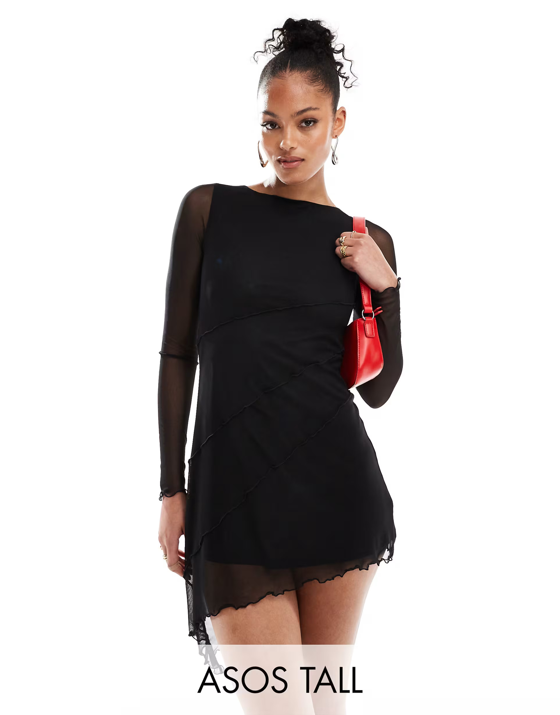 ASOS DESIGN Tall mesh asymmetric hem mini dress with diagonal seam detailing in black | ASOS (Global)