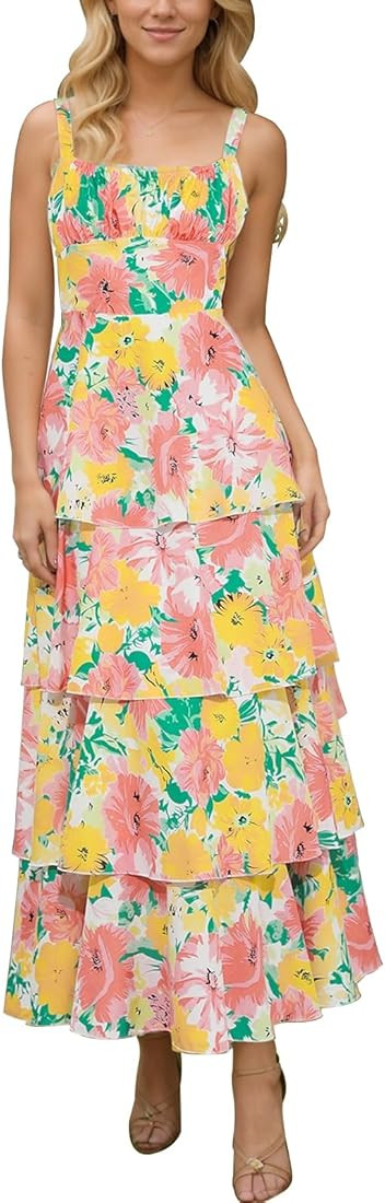 Tiered Ruffle Dress Women Casual Summer Spaghetti Strap Sleeveless Floral Layered Maxi Dress for ... | Amazon (US)