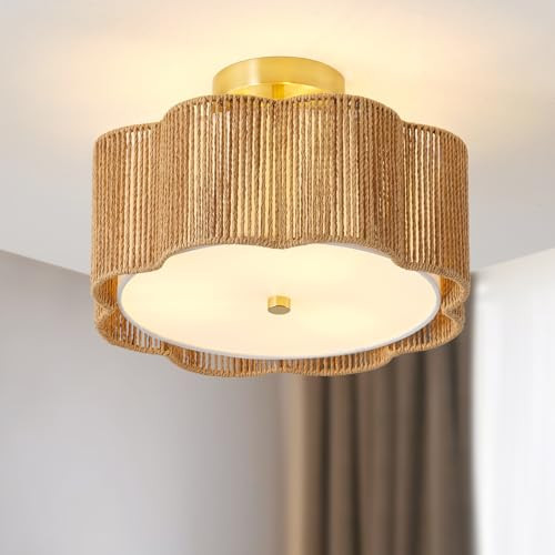 Giutna Rattan Ceiling Light Fixtures Flush Mount,3-Light Boho Light Fixtures Ceiling Mount for Bedroom,Close to Ceiling Light Modern Rattan Chandelier Lighting for Hallway Kitchen Dining Room(Yellow) | Amazon (US)