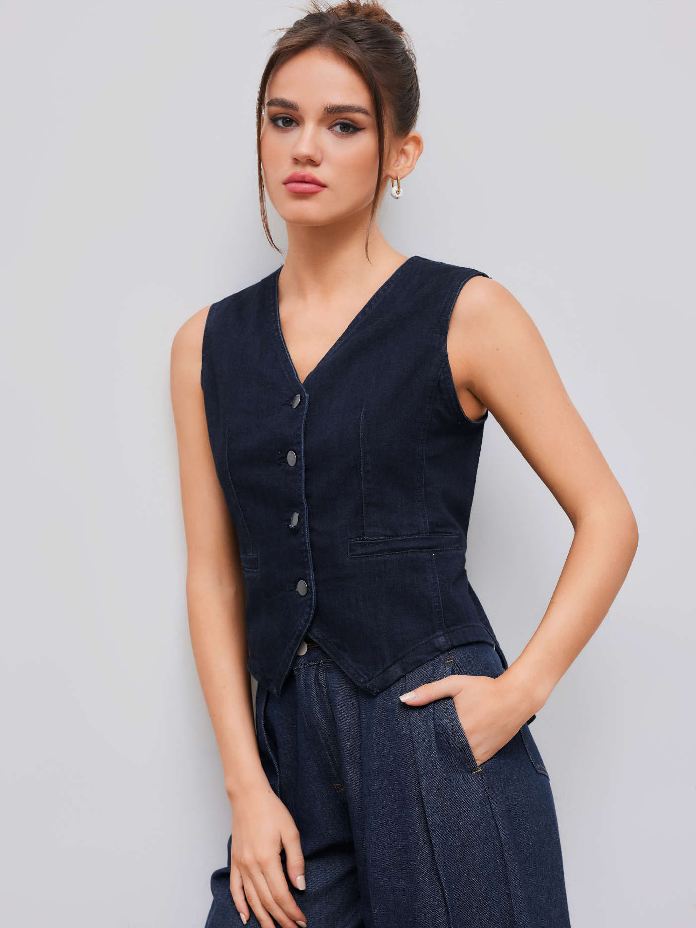 Denim Stretch Denim V-neck Solid Button Belted Vest For School Daily Casual | Cider