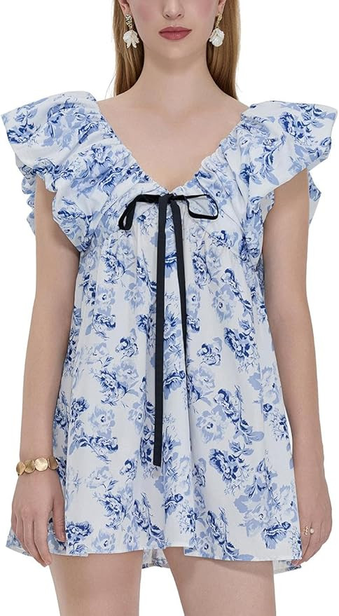 Women Y2k Floral Print Mini Dress Boho V Neck Puff Sleeve Short Dress Bow Tie Flowy Dress Beach S... | Amazon (US)