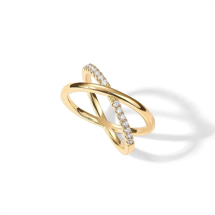 PAVOI 14K Gold Plated X Ring | Simulated Pavé Diamond CZ Criss Cross Ring for Women | Amazon (US)