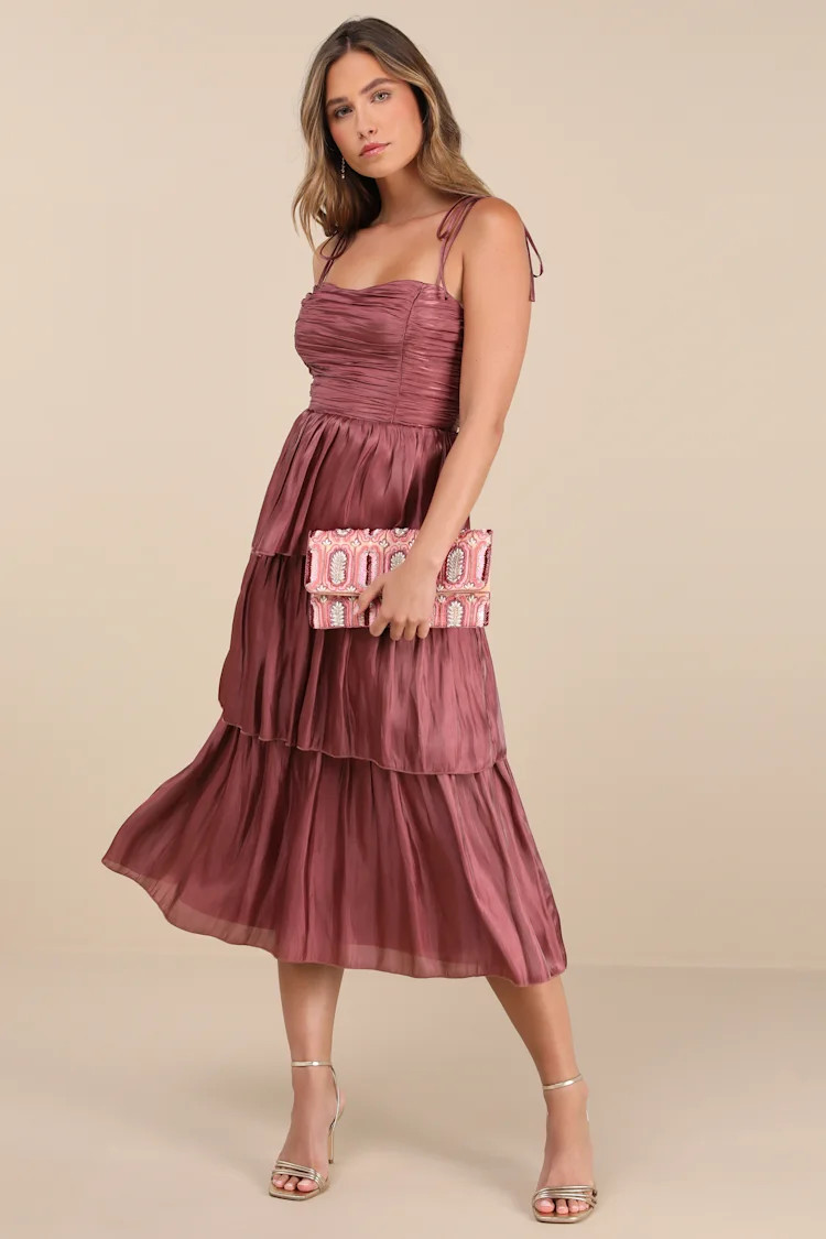 Tennon Dusty Rose Plisse Tiered Midi Dress | Lulus