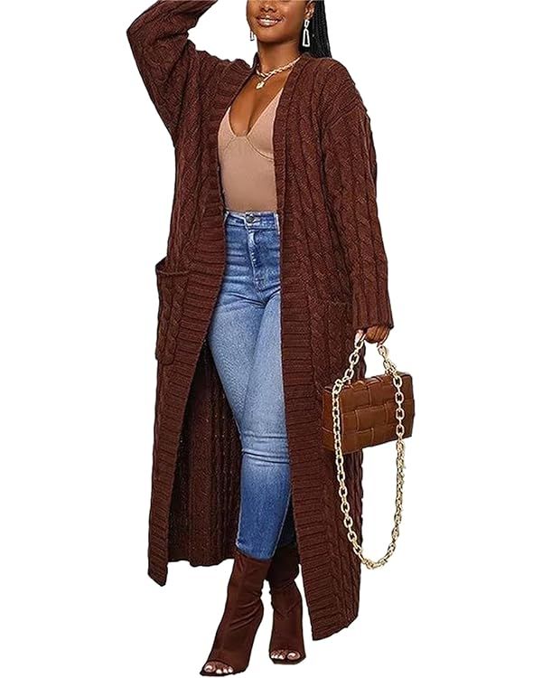 Long Sweaters for Women Cardigan Open Front Long Sleeve Plus Size Chunky Cable Knit Duster Cardig... | Amazon (US)