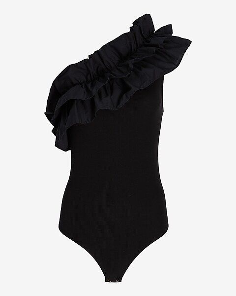 Poplin Ruffle One Shoulder Thong Bodysuit | Express