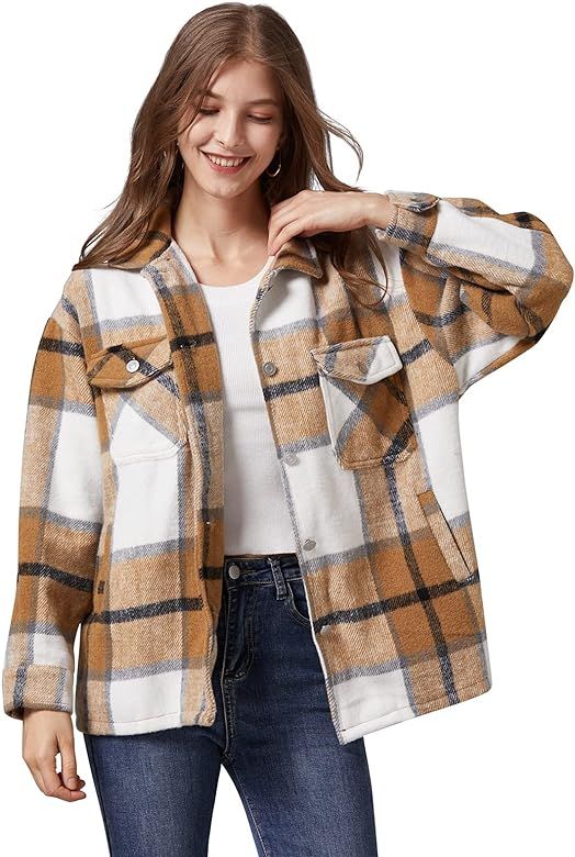 Liengoron Womens Shacket Jacket Plaid Wool Blend Oversized Button Down Shacket Jacket with Pocket... | Amazon (US)