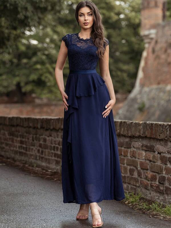 MIUSOL Contrast Lace Chiffon Ruffle Trim Split Thigh Evening Party Long Dress | SHEIN