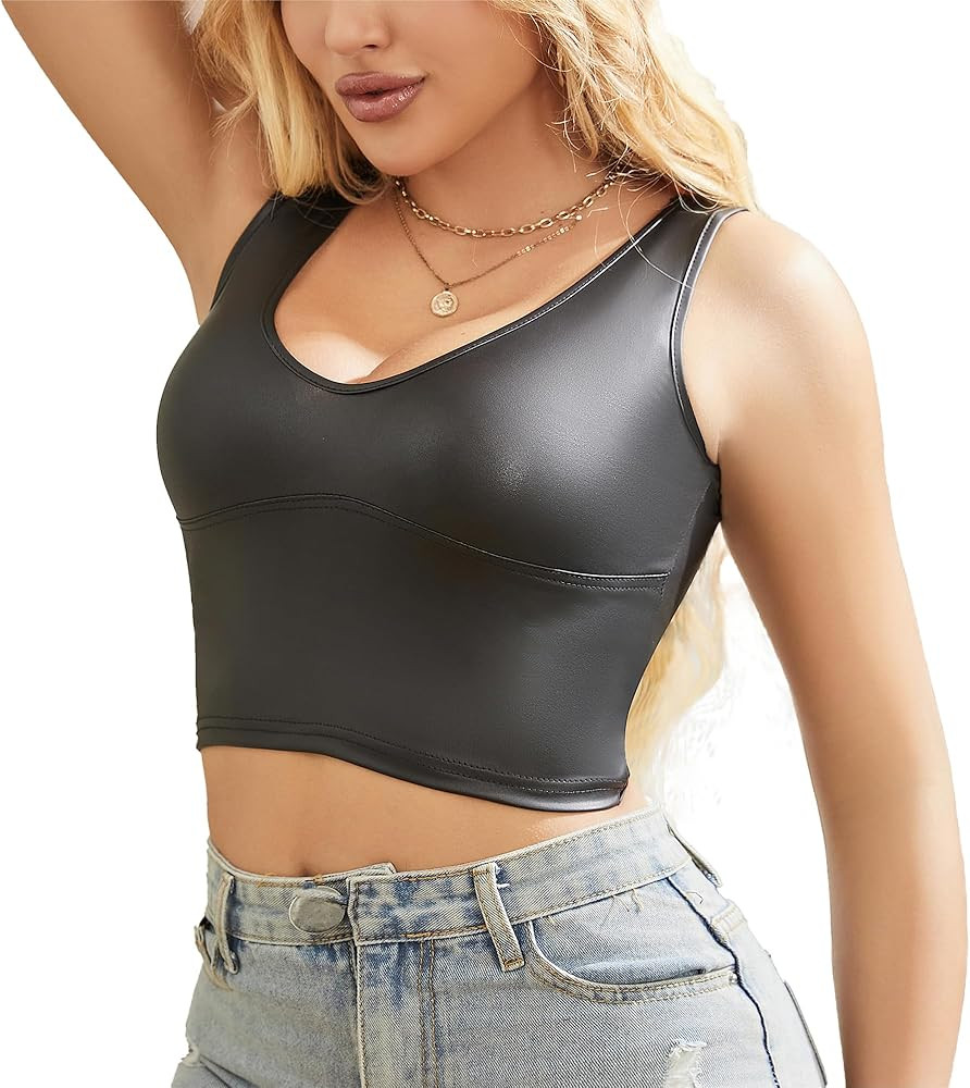 QiaTi Women's Faux Leather Tank Tops V Neck Cropped Tops Black Sleeveless Sexy Corset Tops for Pa... | Amazon (US)