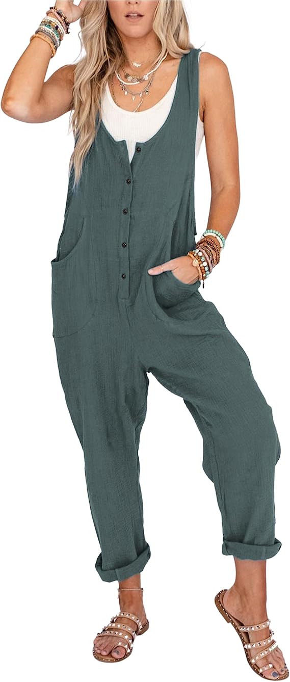 Xiaoxuemeng Womens Cotton Linen Overalls Casual Baggy Jumper Adjustable Straps Button Up Jumpsuit... | Amazon (US)