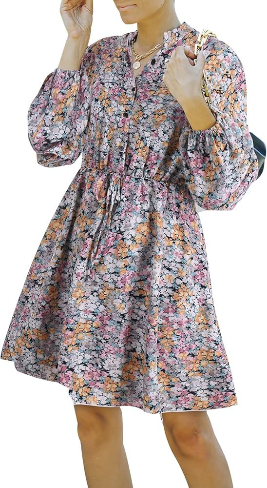 Arssm Women’s Long Sleeve Floral Print Mini Dress Button Down V Nack Bohemian Ruffle Dresses | Amazon (US)