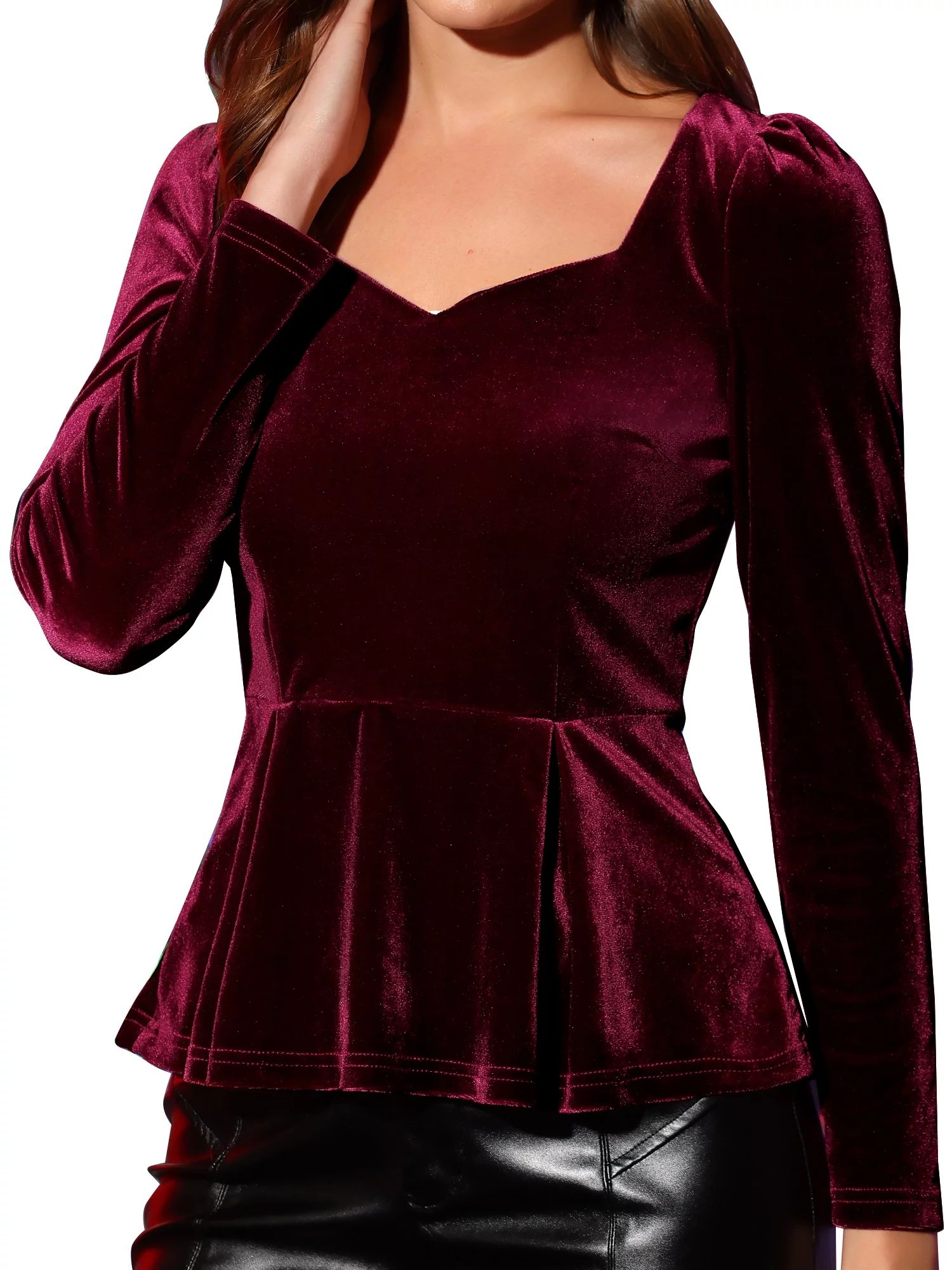 Allegra K Women's Elegant Velvet Sweetheart Neck Long Sleeve Peplum Top - Walmart.com | Walmart (US)