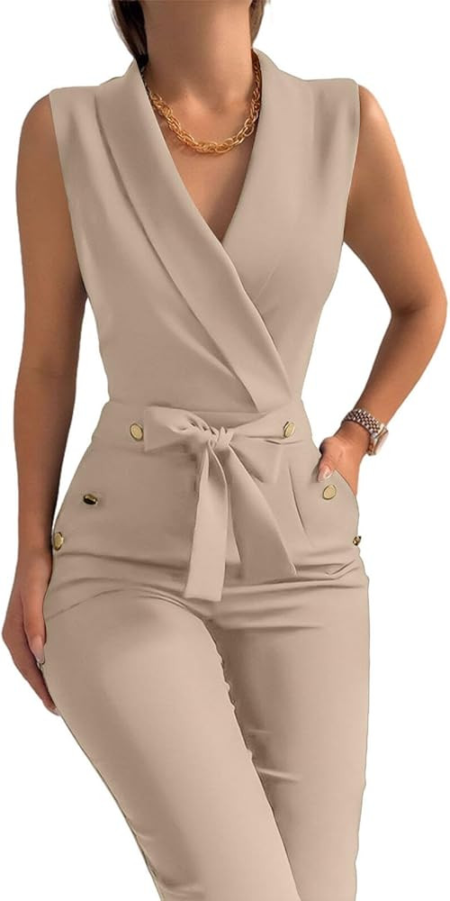 Women's Elegant Jumpsuits V Neck Sleeveless Straight Belted Long Pants Business Suits Set with Po... | Amazon (US)