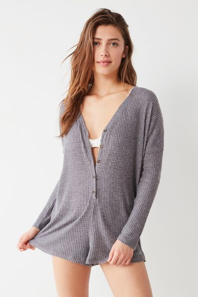 Out From Under Jojo Thermal Henley Romper - Grey XS at Urban Outfitters | Urban Outfitters US