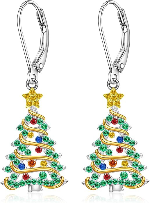 Christmas Earrings Christmas Tree Earrings for Women Sterling Silver Ribbon Green Xmas Tree Color... | Amazon (US)