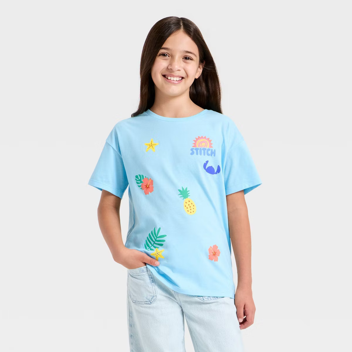 Girls' Disney Stitch Aloha Oversized Front and Back Short Sleeve Graphic T-Shirt - Light Blue | Target