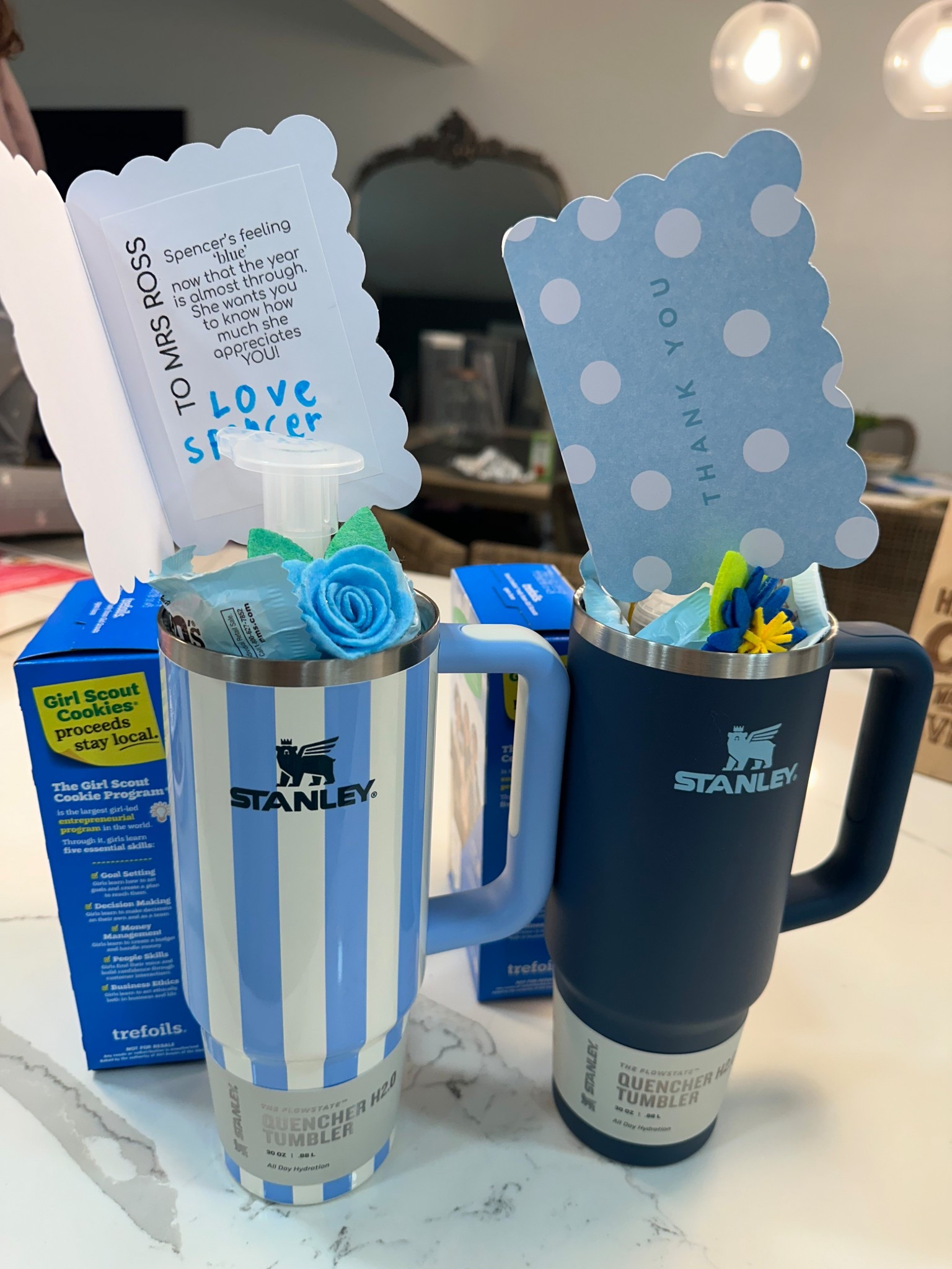 Teacher appreciation gifts “blue” theme
We filled the cup with a hand soap the method ones fit perfect. Then mini m&m bags in blue, and a blue box of cookies :)  

#LTKSeasonal #LTKGiftGuide #LTKFindsUnder50