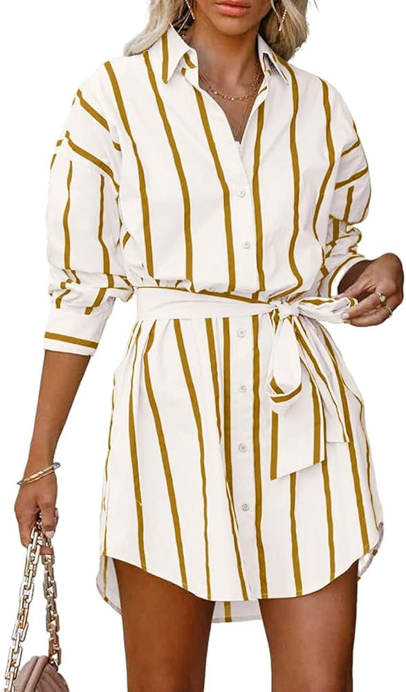 CHARTOU Women Summer Causal Stripe Tunic Dress Loose Button Down Shirt Short Dress with Belt | Amazon (US)