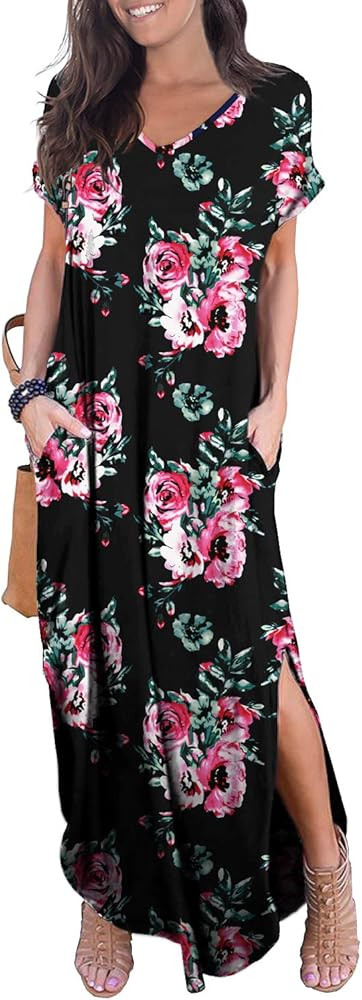 Women's Casual Loose Pocket Long Dress Short Sleeve Split Maxi Dresses | Amazon (US)