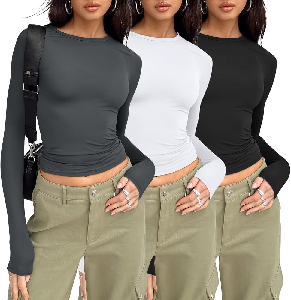 AUTOMET 3 Pack Womens Basic Crew Neck Long Sleeve Slim Fit Crop Tops | Amazon (US)