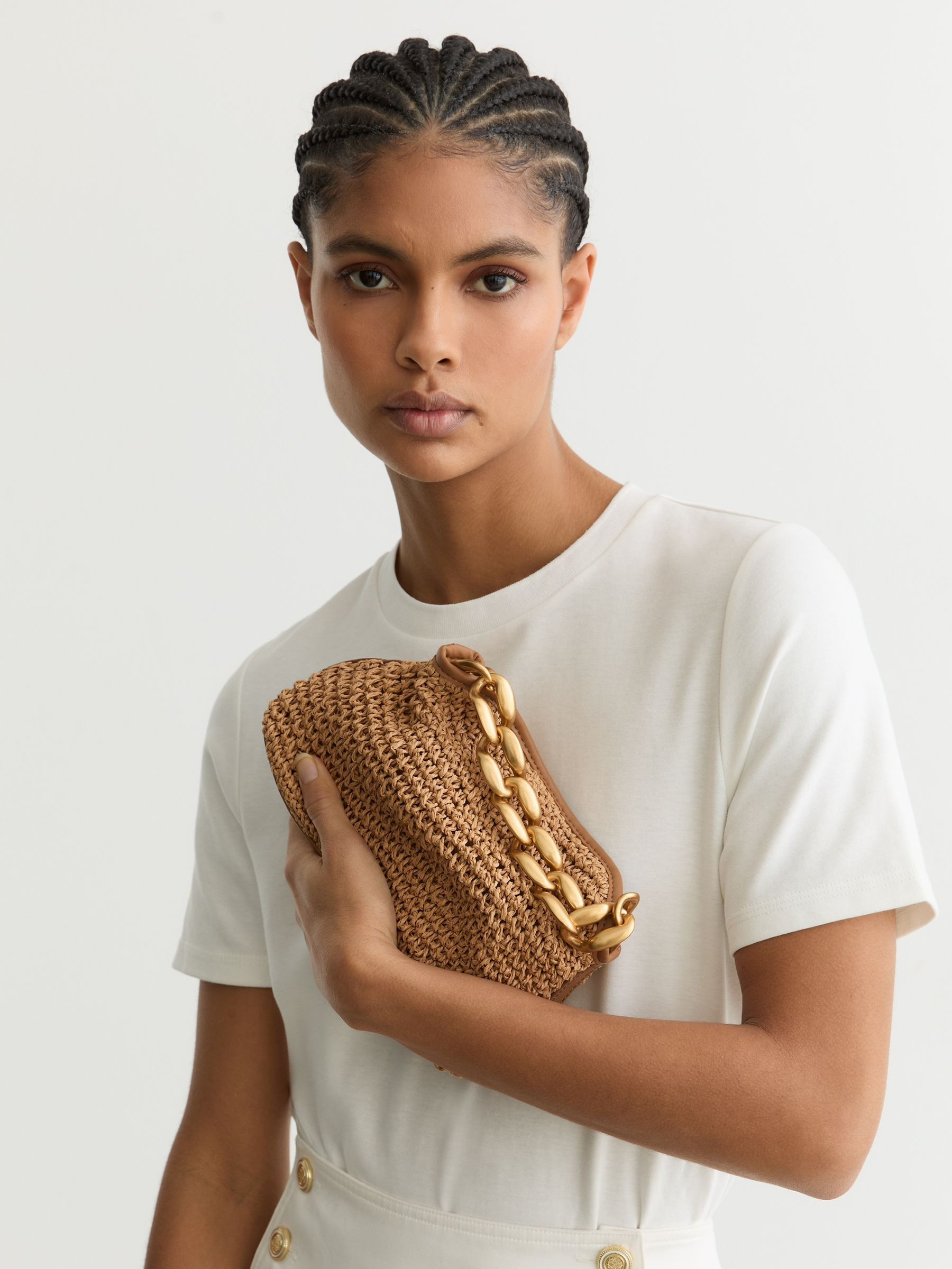 Raffia-Effect Chain Grab Bag in Natural | Reiss DE