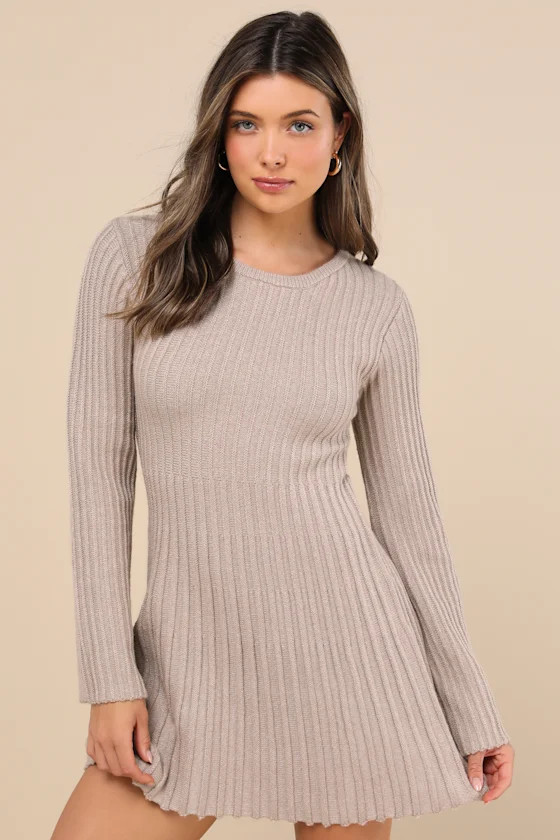 Convincing Poise Beige Ribbed Long Sleeve Skater Mini Dress | Lulus