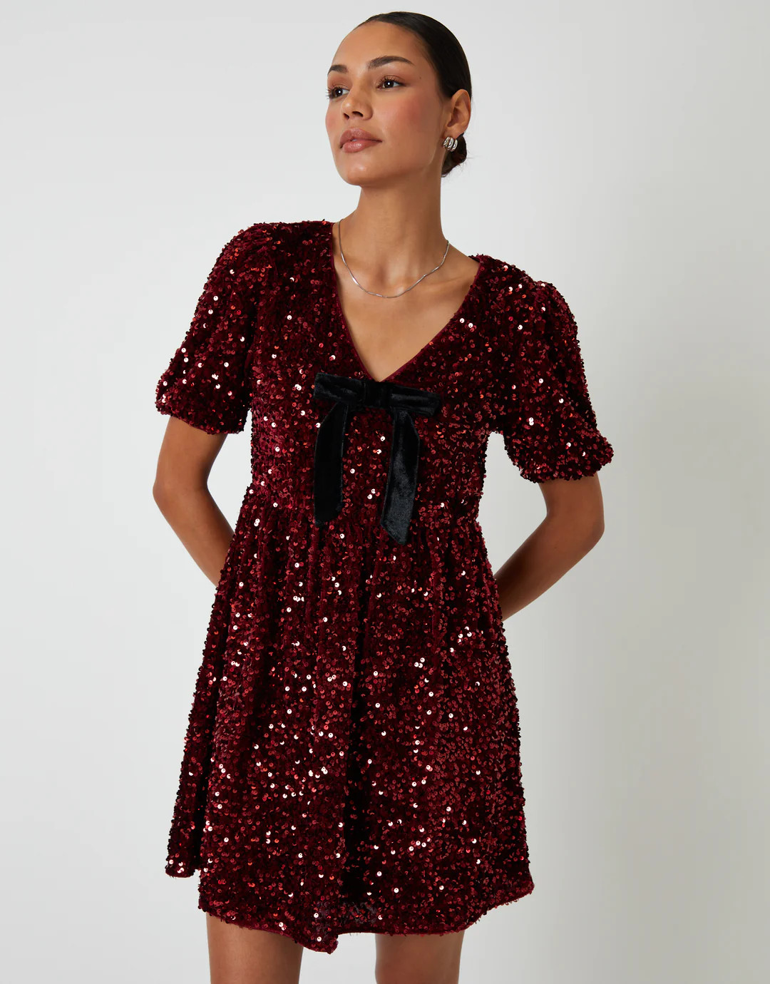 Berry Red Sequin Velour Bow Detail Mini Dress | Threadbare