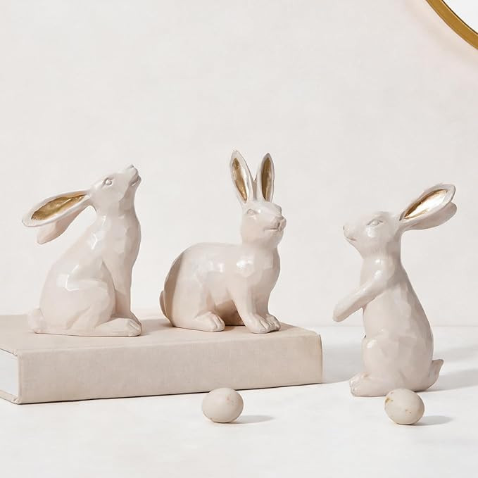 DN DECONATION Easter Bunny Figurines, Small Decorative Bunny Statue Set of 3, Beige & Gold Easter... | Amazon (US)