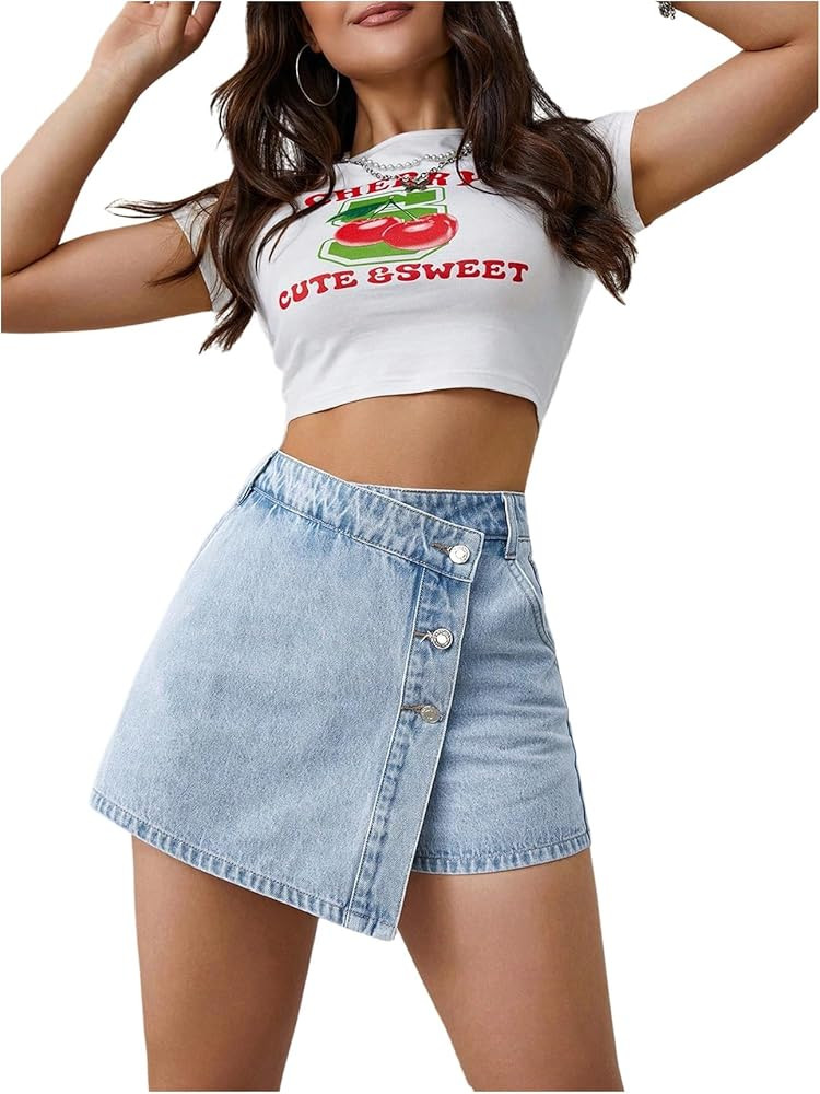 MakeMeChic Women's Wrap Front Denim Shorts Button Fly High Waisted Summer Jean Skorts | Amazon (US)