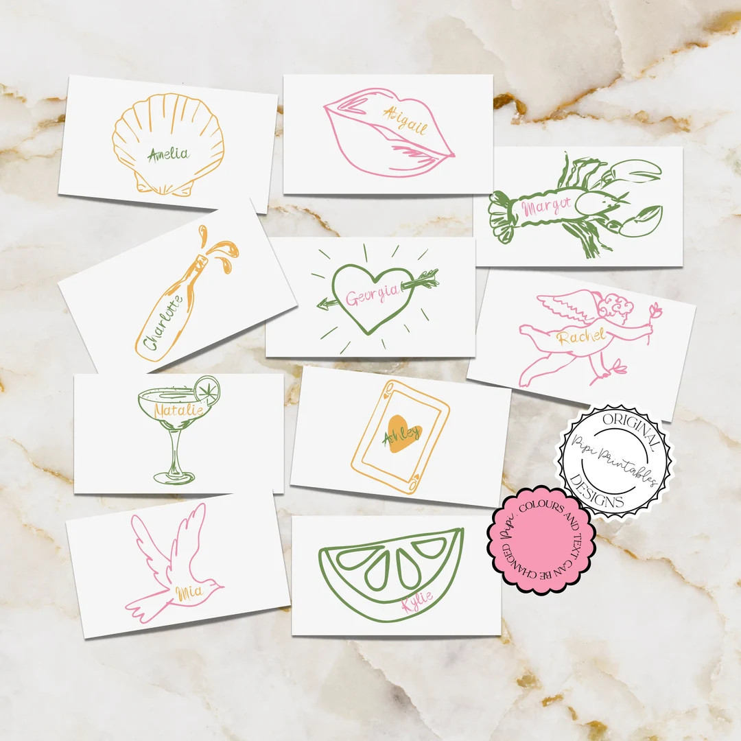 Scribble Illustrated Bachelorette Place Cards Hand Drawn Bridal Shower Name Cards Handwritten Wed... | Etsy (US)