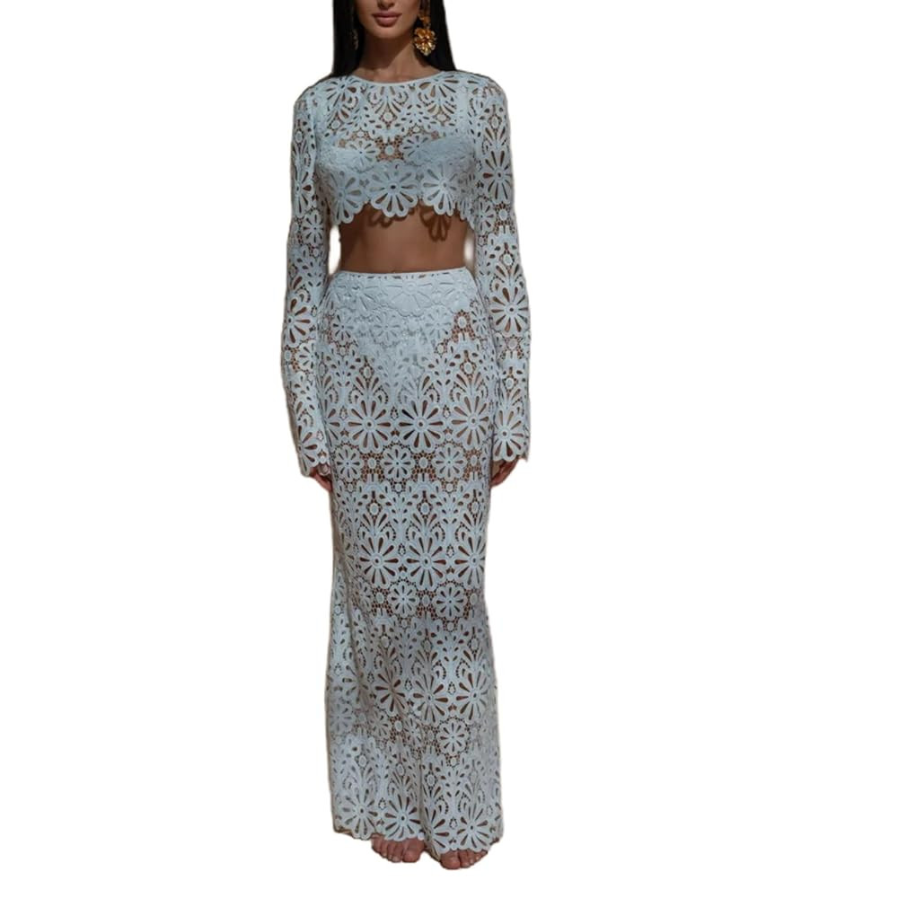 Womens Lace 2 Piece Outfits Long Sleeves Round Neck Hollow Out Top Maxi Skirt Vacation Sets | Amazon (US)