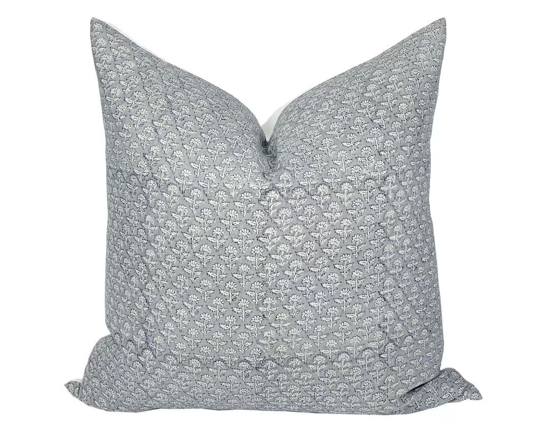 MIST | Designer Blue Grey Linen Pillow Cover, Block Print Pillow, Farmhouse Pillow, Blue Floral P... | Etsy (US)