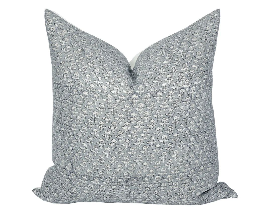 MIST | Designer Blue Grey Linen Pillow Cover, Block Print Pillow, Farmhouse Pillow, Blue Floral P... | Etsy (US)