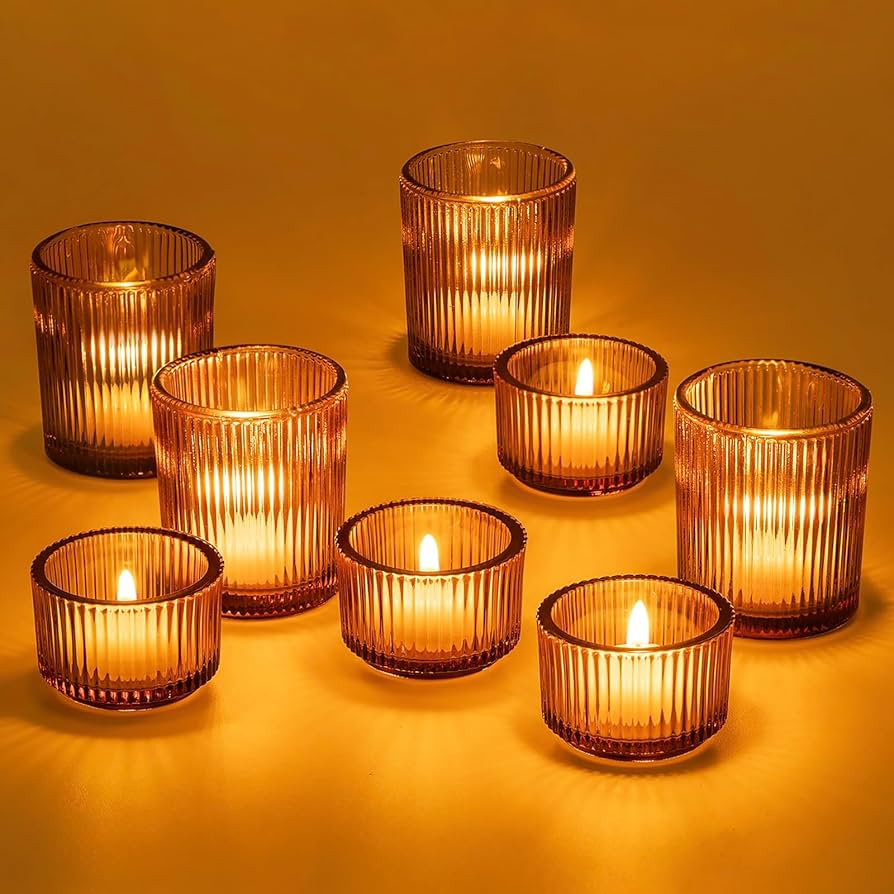 Hewory Glass Tealight Candle Holder: 8 Pcs Amber Votive Candle Holders Tea Lights Candle Holder, ... | Amazon (US)