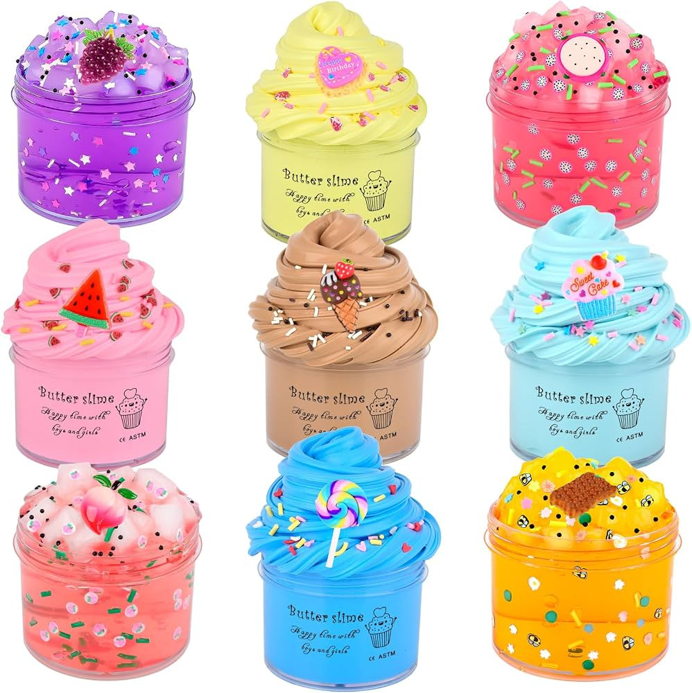 Slime Kit 9 Pack, with 5 Butter Slime 4 Crystal Slime, Peach Cake Cady etc. Slime Charms, DIY Sli... | Amazon (US)