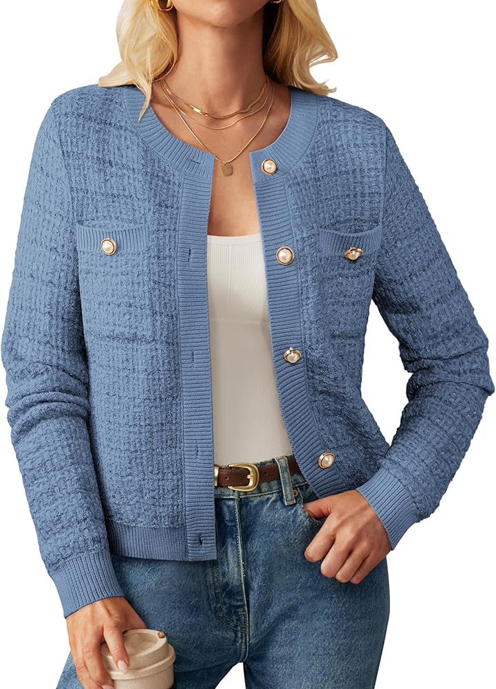 GRACE KARIN Womens Open Front Button Down Long Sleeve Texture Knit Cardigan Sweaters with Pockets | Amazon (US)