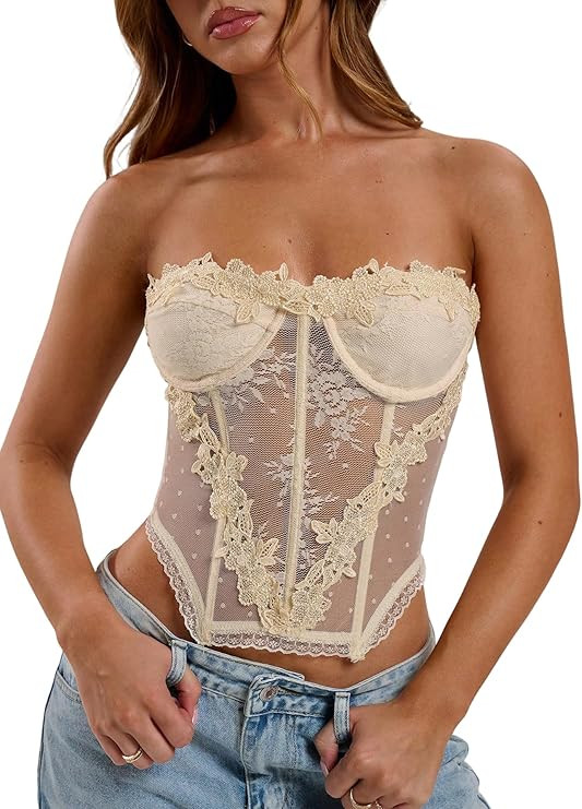 SOLY HUX Women's Lace Strapless Tube Top Mesh See Through Bandeau Corset Party Club Crop Tops | Amazon (US)
