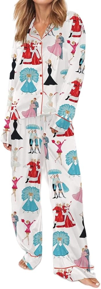Satin Silk Christmas Pajamas Set for Women Cute Santa Claus Pjs Button Up Shirt+Pants 2 Piece Xma... | Amazon (US)