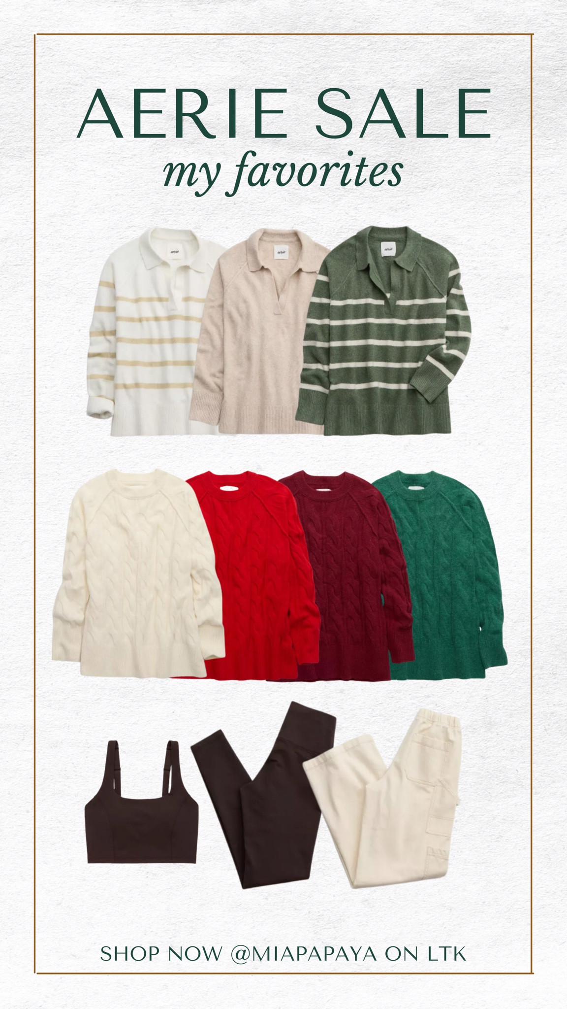 My favs from the current Aerie sale!

I wear Small in tops & Small Long in bottoms :)

I absolutely love the polo sweater- I have 4 colors and wear them to work & brunch bc they also so cozy and feel fancy!

The trousers are my go-to for travel or grocery days when you want to stay comfy but still look put together!

#PoloSweater
#CableCrewSweater
#FallSweaters
#AerieSweaters
#FallSales
#FallOutfits
#AerieSale

#LTKWorkwear #LTKSaleAlert #LTKSeasonal