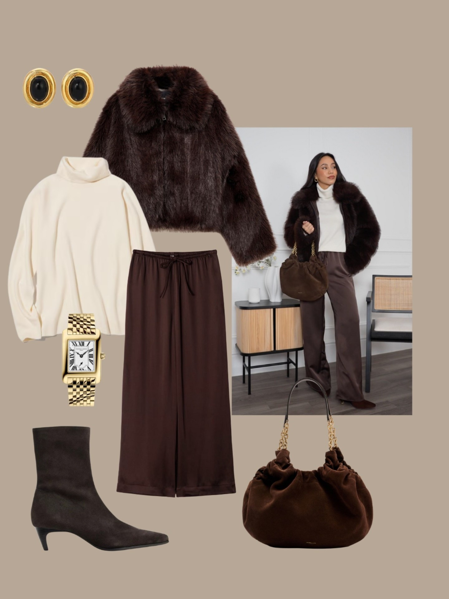 Chocolate brown satin and faux fur for winter ☕️ elevated dressy day look

#LTKstyletip #LTKwinter