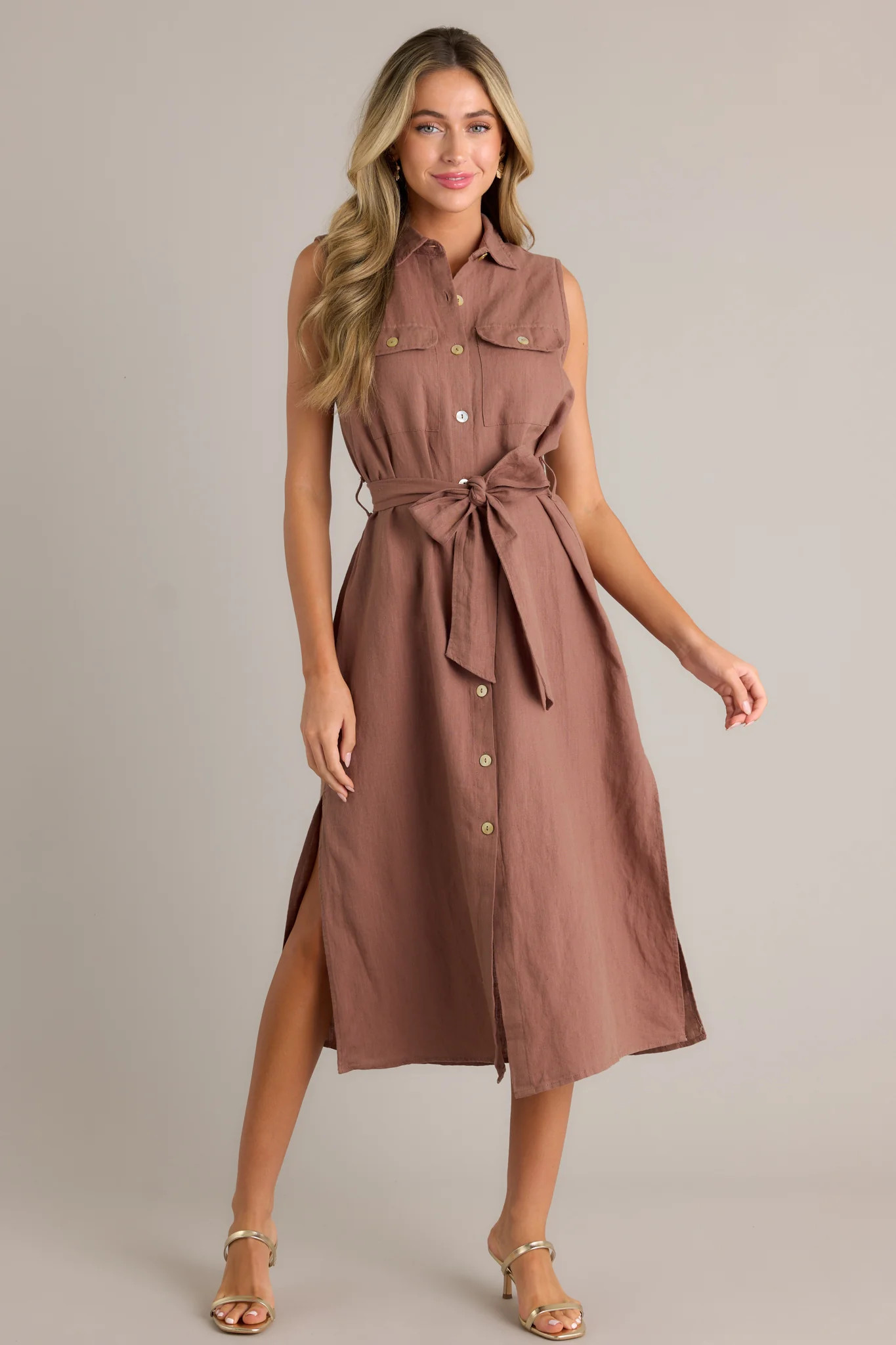 Timeless Grace Brown Tie-Front Midi Dress | Red Dress