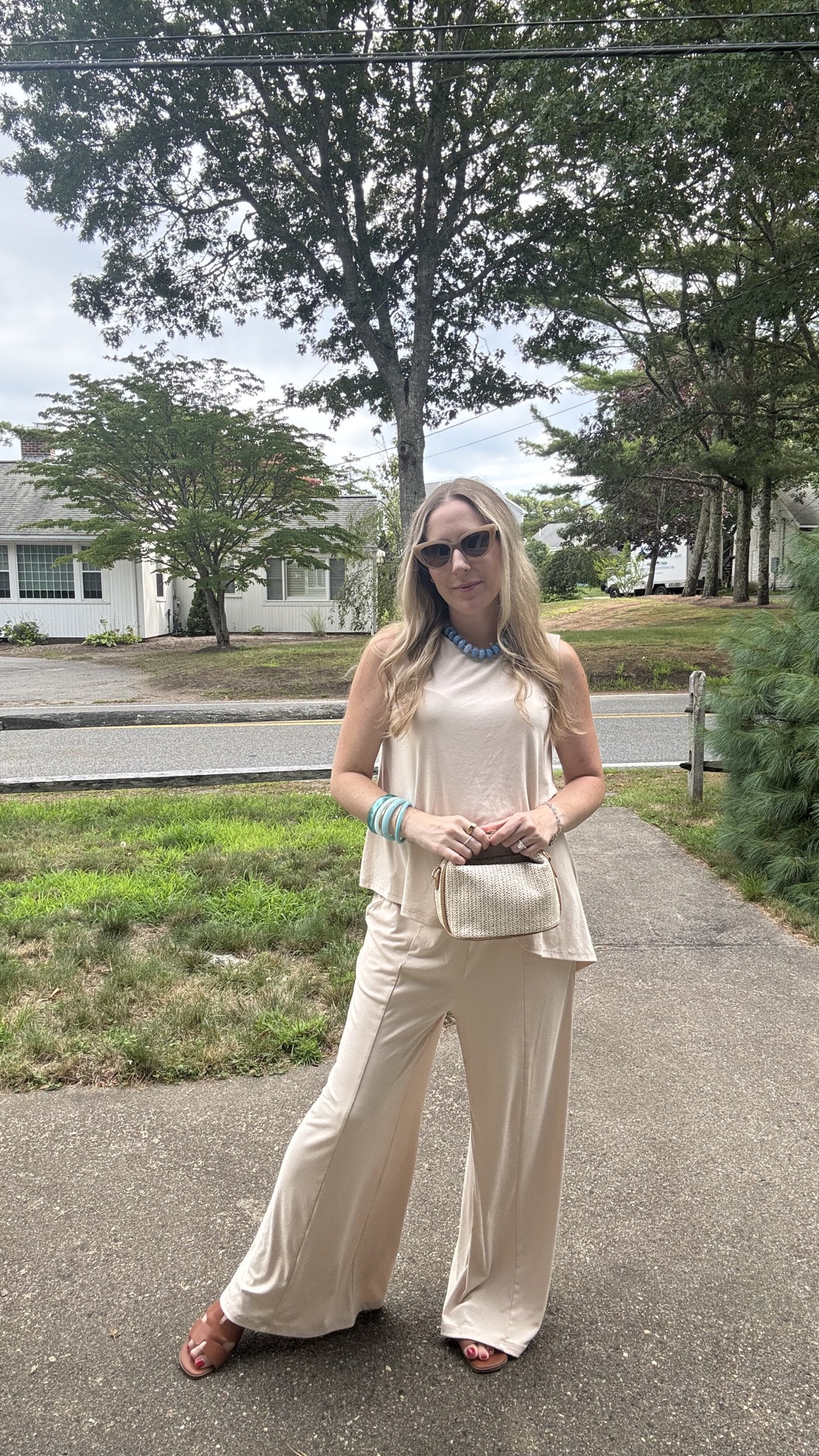 I was influenced by my coworkers outfit when I got this matching set! It’s soooo cute, very bump friendly, comfy, and chic! I sized up to a Medium for the bump, and it’s so nice and flowy yet looks very polished. Added some fun blue jewelry accents! The bangles are so old, so tried to find something similar! 🩵🧿🩵

#LTKgrwm #LTKootd #LTKBump