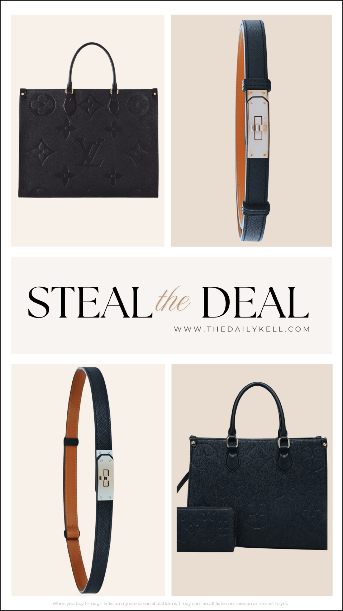 This Steal the Deal is all about Hugh e d luxury look for less.  

Top row highlights the Louis Vuitton Onthego Tote and the Hermés Epsom Kelly belt. The designer tote is over $3k and this belt is over $1k. 

The steal the deal tote is under $60 and the belt is under $20.  And who doesn’t love a good deal?

#LTKFindsUnder50 #LTKStyleTip #LTKFindsUnder100
