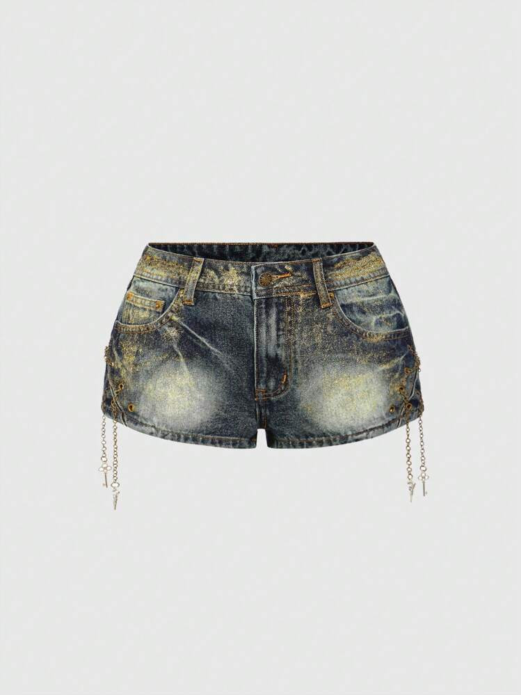 ROMWE J-Fashion Y2K Shibuya Gyaru Millenium Retro Hot Girl Gold Foil Cross Vintage Low-Waist Skinny Super Low-Rise Women Denim Shorts | SHEIN