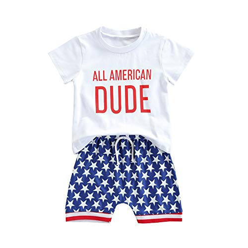 FYBITBO Toddler 4th of July Outfit Boy Short Sleeve Tee Shirt and Casual Shorts Set Baby Fourth of July Summer Outfit (Stars and Striped Print,4-5T) | Amazon (US)