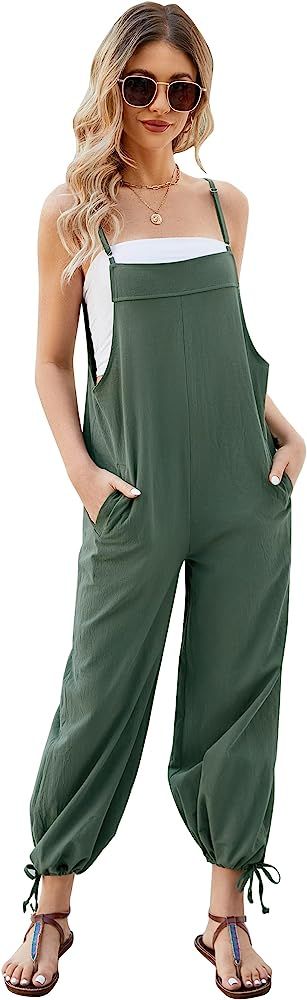 COZYPOIN Women Casual Overalls Sleeveless Loose Cotton Linen Jumpsuits Summer Wide Leg Pants with... | Amazon (US)