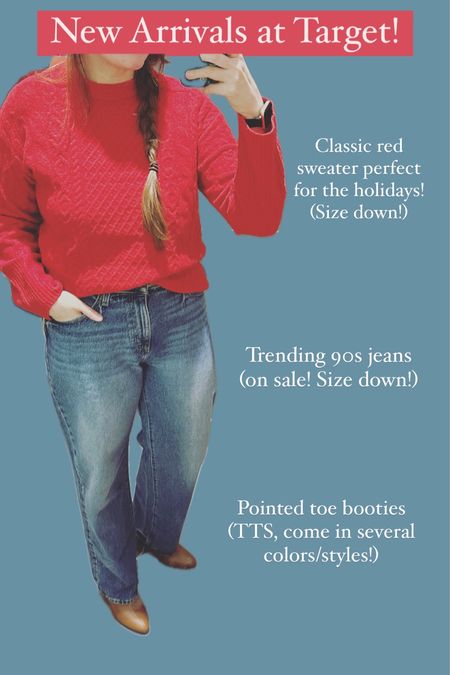 Target New Arrivals! This look is perfect for fall or winter, a casual holiday party outfit, or a great outfit to pick out your Christmas tree! …………….. red sweater, target sweater, cable knit sweater, wide leg jeans, 90s jeans, straight leg jeans, boot cut jeans, wedge booties, booties under $50, jeans under $50, jeans on sale, target jeans, target finds, winter outift, fall outfit, midsize outfit, size 12 outfit, size 14 outfit, size large outfit, target outfit, fall trends, winter trends, thick sweater, mock neck sweater, cozy sweater, casual outfit, holiday party outfit, holiday party look, Christmas card pictures, family photo outfit, midsize sweater, plus size sweater, Christmas sweater, fair isle sweater 

#LTKstyletip #LTKsalealert #LTKmidsize
