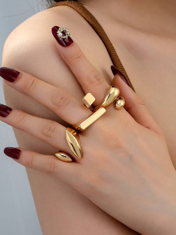 3pcs Geometric Hollow-Out Gold Color Rings Set, Fashionable And Simple Style | SHEIN
