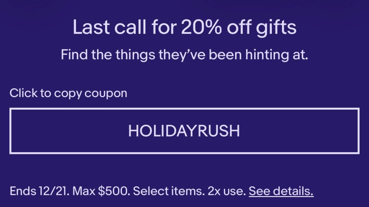 eBay 20% coupon code

#LTKGiftGuide #LTKSeasonal #LTKHoliday