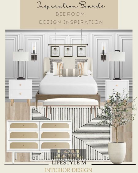 Master bedroom design inspiration. Shop the look below. Bed frame, white dresser, white night stand, table lamp, bed room rug, bench, planter, faux tree, throw pillows, bed room chandelier, wall sconce light, wood floors.

#LTKstyletip #LTKhome #LTKSeasonal
