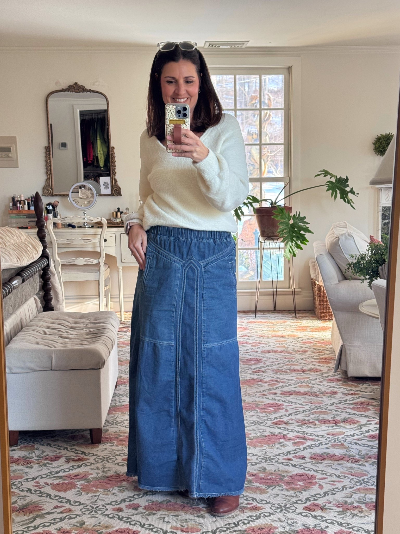 OOTD - I learned how to play mahjong today! 

Skirt fits true to size - has elastic waist is super soft and the stitching detail is so pretty! It’s a must-have! 

Maxi-skirt, riding boots, tall boots, sweater, boho

#LTKOver40 #LTKdayinmylife